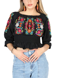 El General Women Artisanal Embroidered Blouse 100% Cotton Black 604051