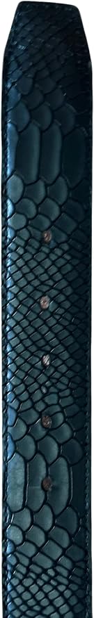 Teal belt with snake skin pattern on a plain background