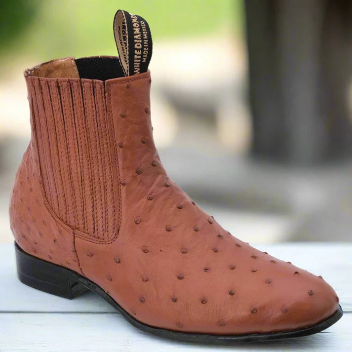 White Diamonds Men's Genuine Ostrich Round Toe Charro Ankle Boots – Cognac