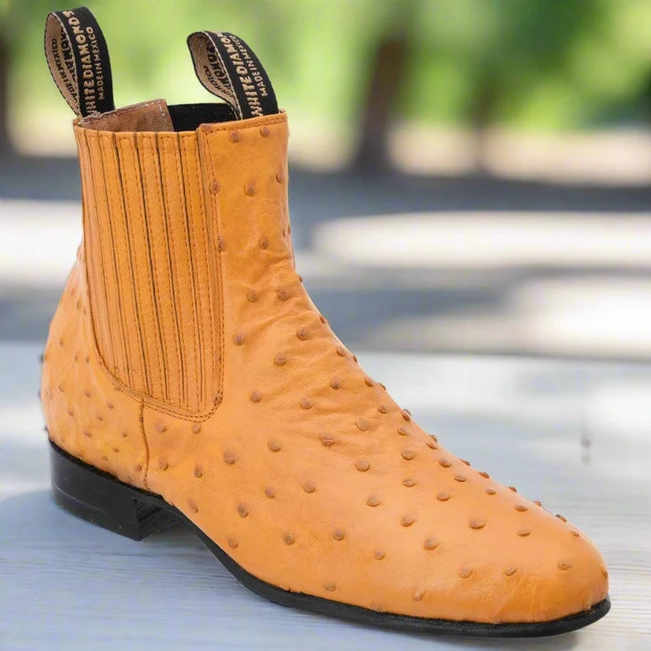 White Diamonds Men's Genuine Ostrich Round Toe Charro Ankle Boots – Butter
