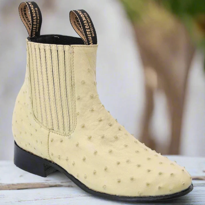 White Diamonds Men's Genuine Ostrich Round Toe Charro Ankle Boots – Bone