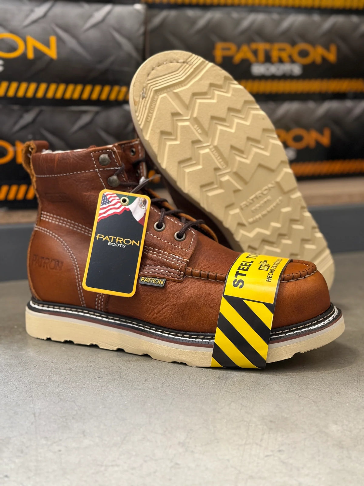 Patron Men’s Lace-Up Work Boots, Leather with Steel Toe and Wedge Sole, Moc Steel Toe - Light Brown
