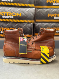 Patron Men’s Lace-Up Work Boots, Leather with Steel Toe and Wedge Sole, Moc Steel Toe - Light Brown