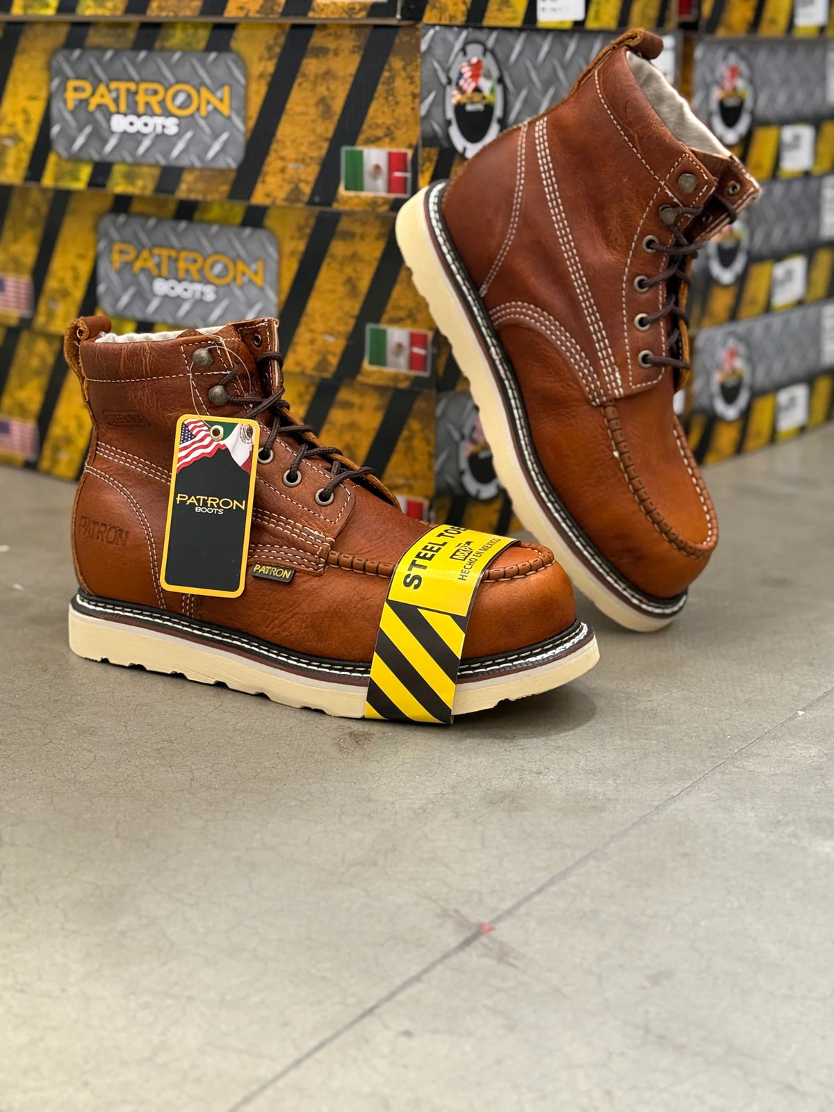 Patron Men’s Lace-Up Work Boots, Leather with Steel Toe and Wedge Sole, Moc Steel Toe - Light Brown