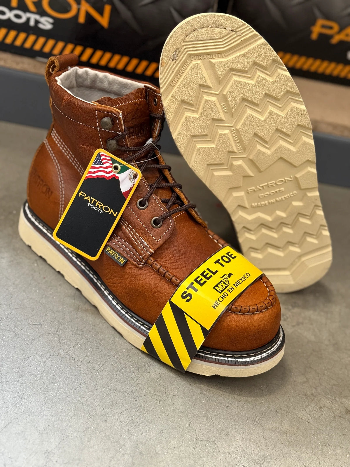 Patron Men’s Lace-Up Work Boots, Leather with Steel Toe and Wedge Sole, Moc Steel Toe - Light Brown