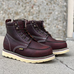 Patron Men’s Lace-Up Work Boots, Leather with Wedge Sole, Moc Toe - Wine