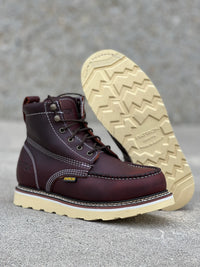 Patron Men’s Lace-Up Work Boots, Leather with Wedge Sole, Moc Toe - Wine