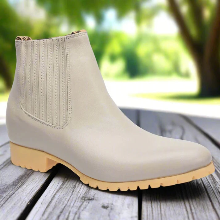 White Diamonds Men's Napa Leather Tractor Sole Round Toe Charro Ankle Boots – Bone