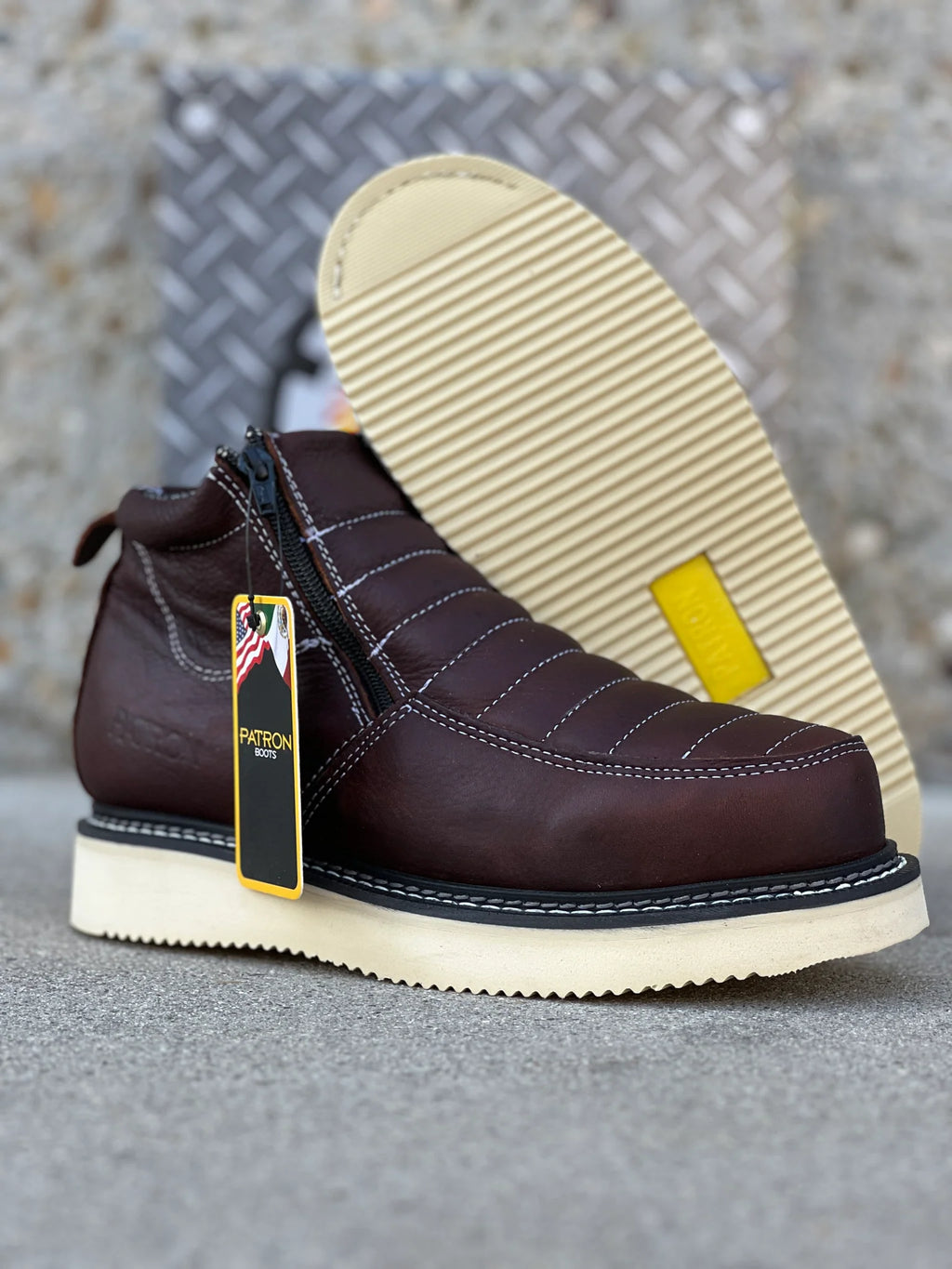 Patron Men’s Zipper Work Boots, Pebbled Leather with Wedge Sole, Moc Toe - Dark Brown