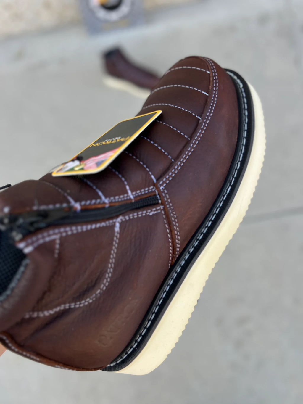 Patron Men’s Zipper Work Boots, Pebbled Leather with Wedge Sole, Moc Toe - Dark Brown
