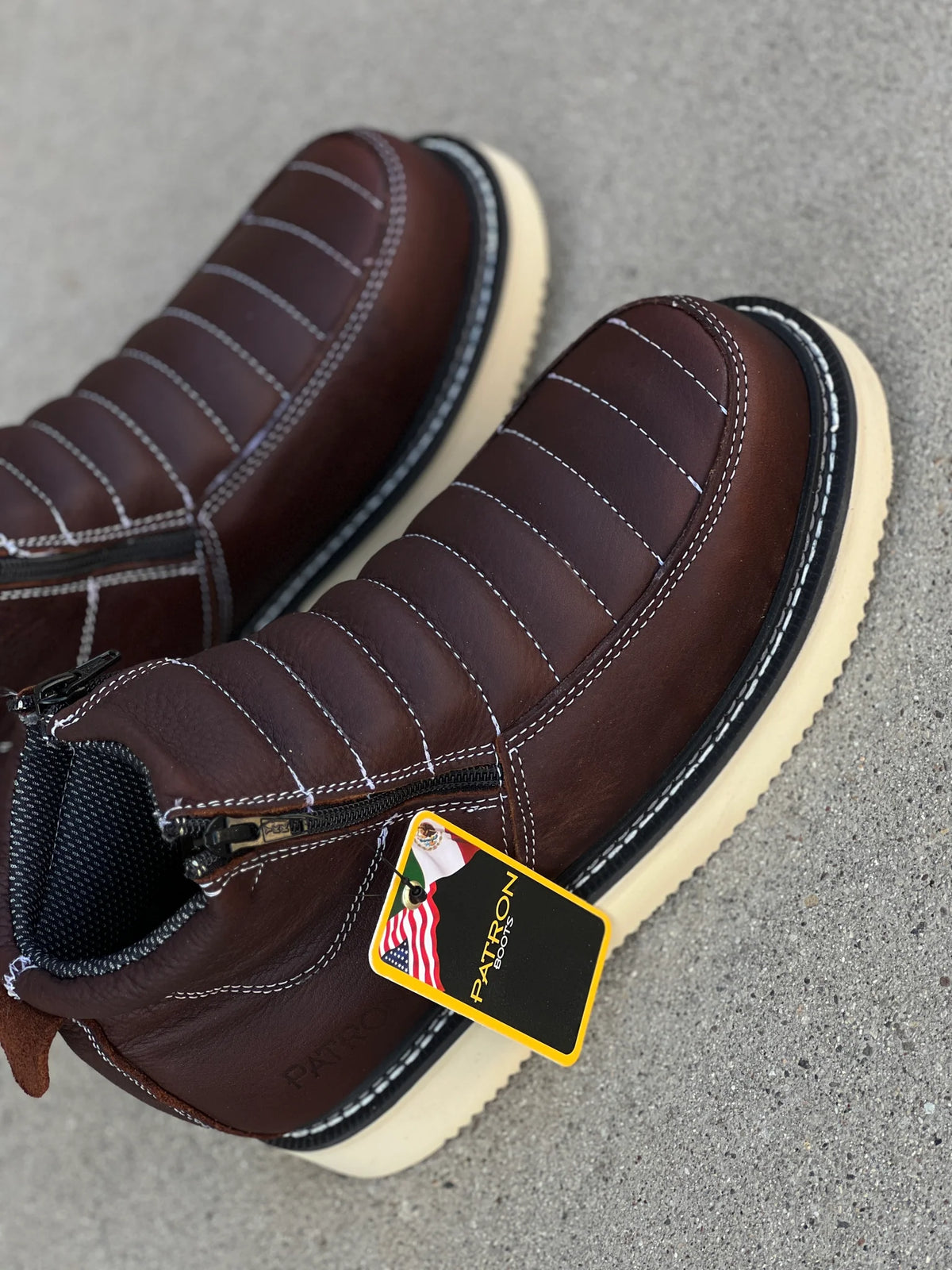 Patron Men’s Zipper Work Boots, Pebbled Leather with Wedge Sole, Moc Toe - Dark Brown