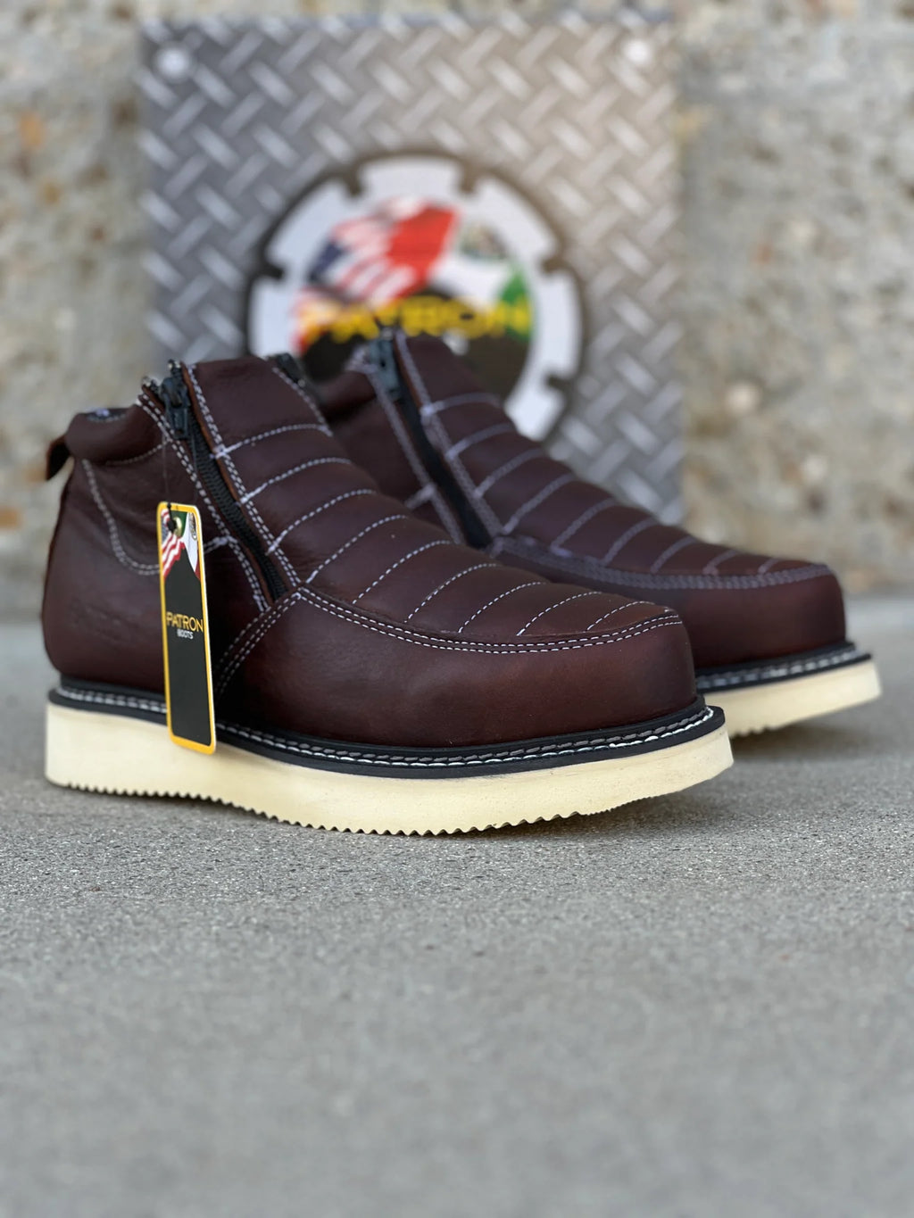 Patron Men’s Zipper Work Boots, Pebbled Leather with Wedge Sole, Moc Toe - Dark Brown