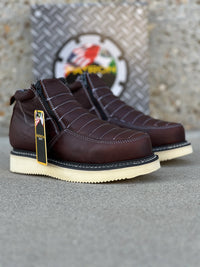 Patron Men’s Zipper Work Boots, Pebbled Leather with Wedge Sole, Moc Toe - Dark Brown