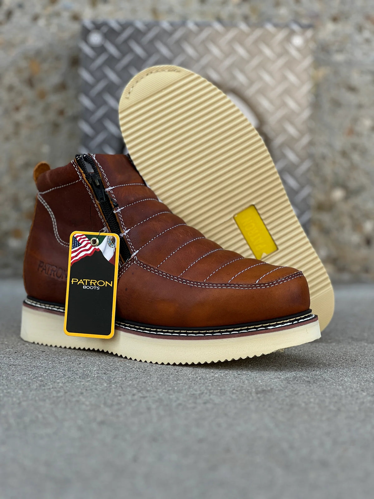 Patron Men’s Zipper Work Boots, Pebbled Leather with Wedge Sole, Moc Toe - Light Brown
