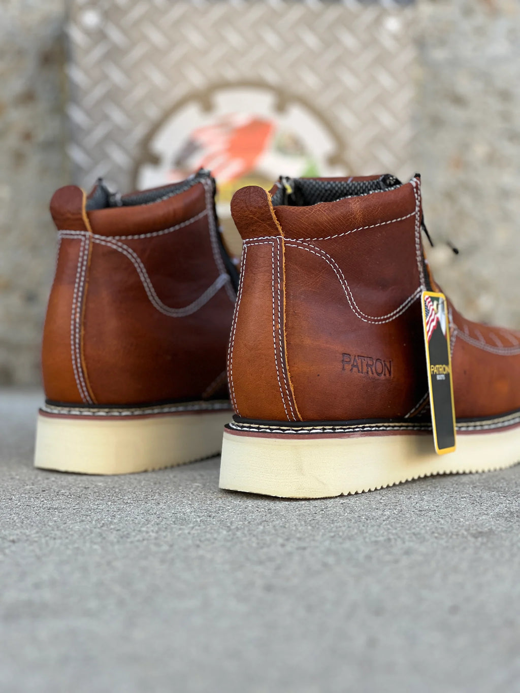 Patron Men’s Zipper Work Boots, Pebbled Leather with Wedge Sole, Moc Toe - Light Brown
