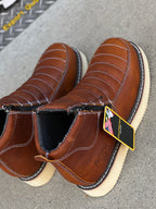 Patron Men’s Zipper Work Boots, Pebbled Leather with Wedge Sole, Moc Toe - Light Brown