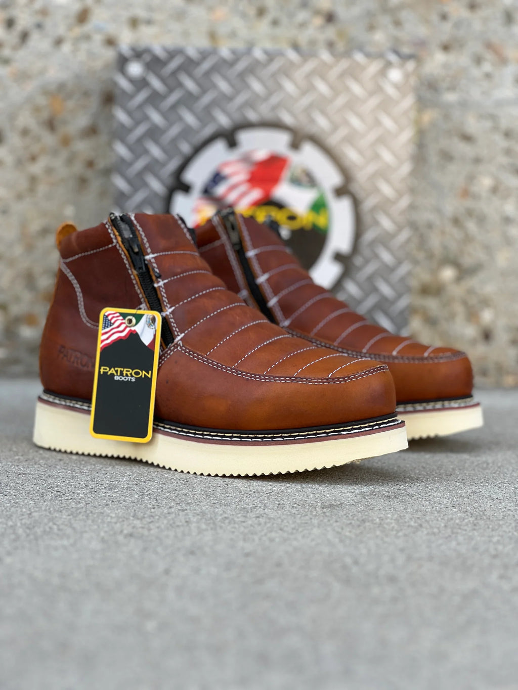 Patron Men’s Zipper Work Boots, Pebbled Leather with Wedge Sole, Moc Toe - Light Brown