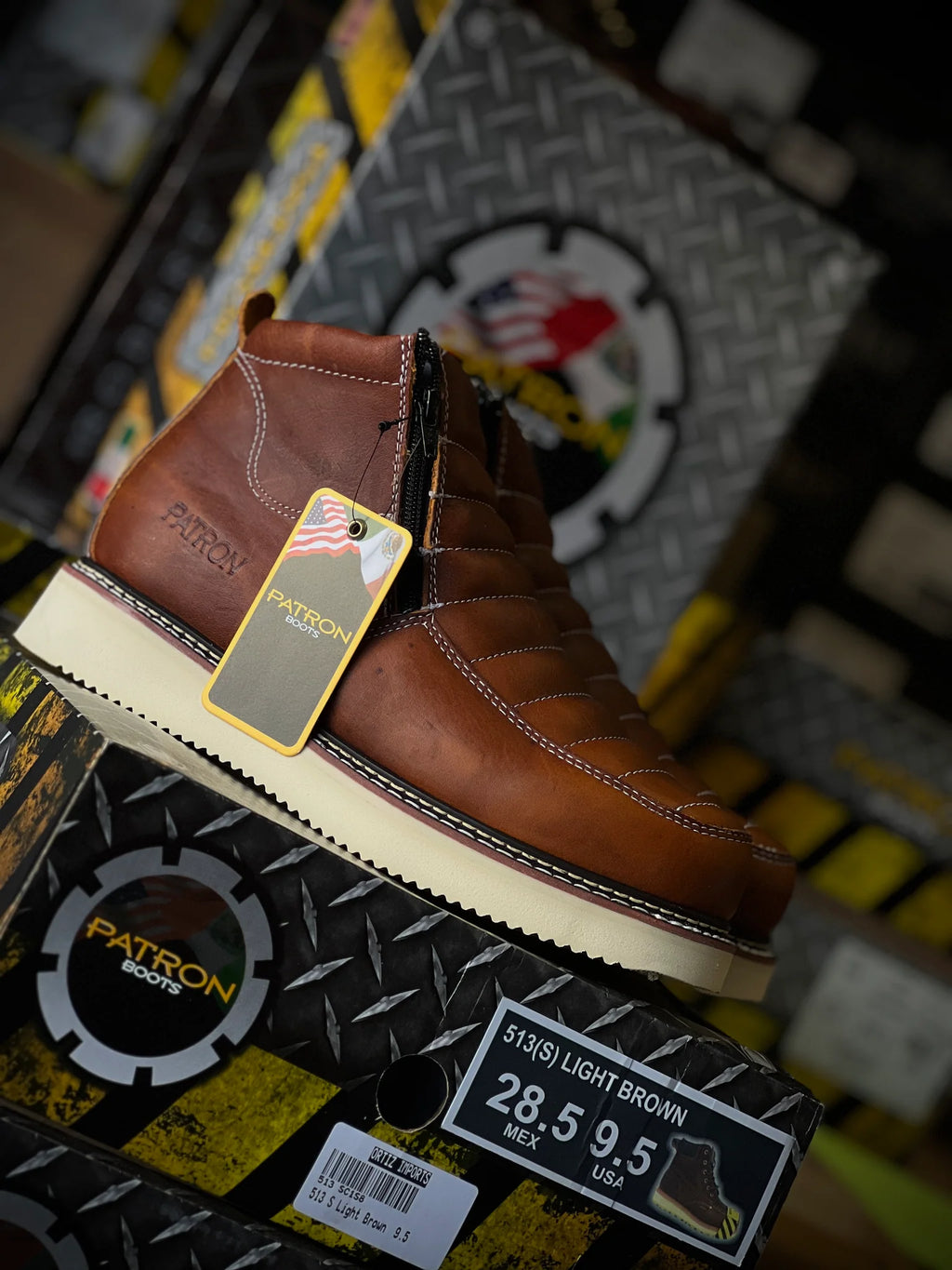 Patron Men’s Zipper Work Boots, Pebbled Leather with Wedge Sole, Moc Toe - Light Brown