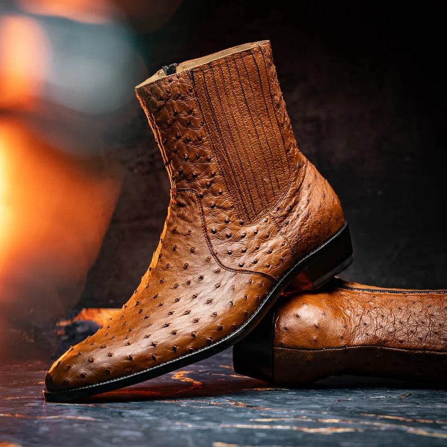 White Diamonds Men's Genuine Ostrich Square Toe Rodeo Ankle Boots – Cognac