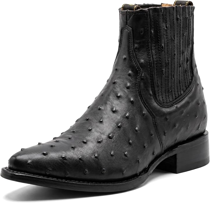 White Diamonds Men's Genuine Ostrich Square Toe Rodeo Ankle Boots – Black
