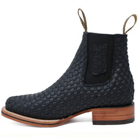 White Diamonds Men's Woven Leather Square Toe Rodeo Ankle Boots – Black