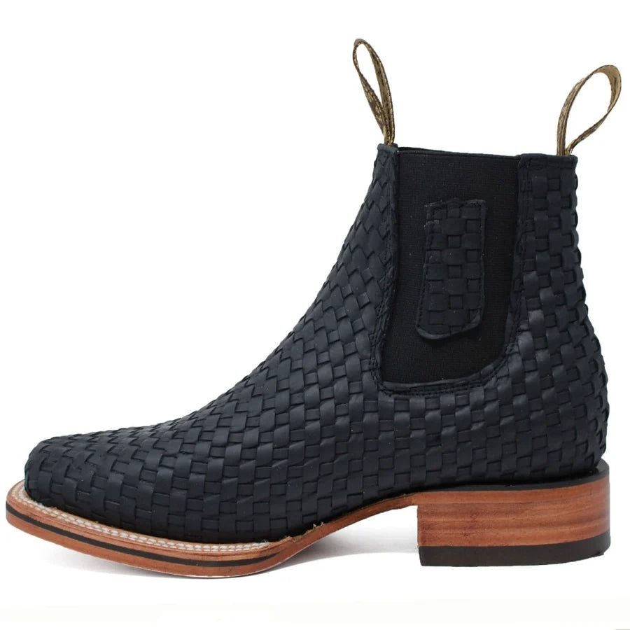 White Diamonds Men's Woven Leather Square Toe Rodeo Ankle Boots – Black