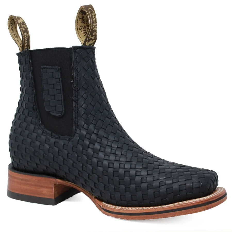White Diamonds Men's Woven Leather Square Toe Rodeo Ankle Boots – Black