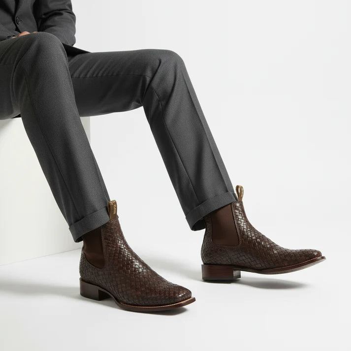 White Diamonds Men's Woven Leather Square Toe Rodeo Ankle Boots – Chocolate