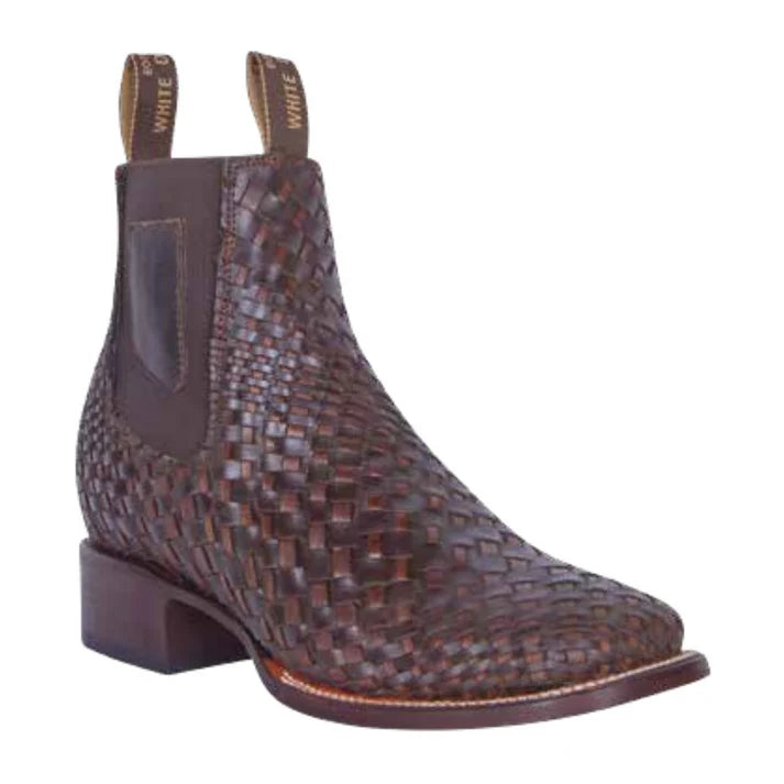 White Diamonds Men's Woven Leather Square Toe Rodeo Ankle Boots – Chocolate
