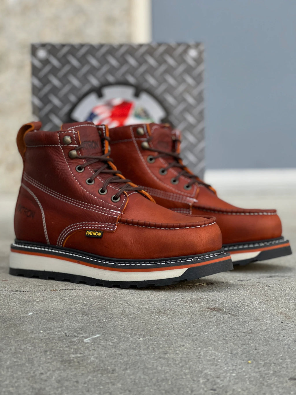 Patron Men’s Lace-Up Work Boots, Leather with Wedge Sole, Moc Toe - Light Brown