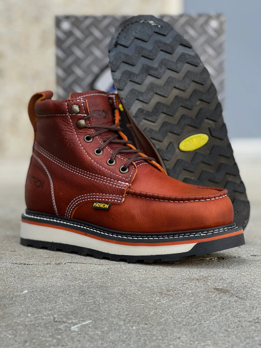 Patron Men’s Lace-Up Work Boots, Leather with Wedge Sole, Moc Toe - Light Brown