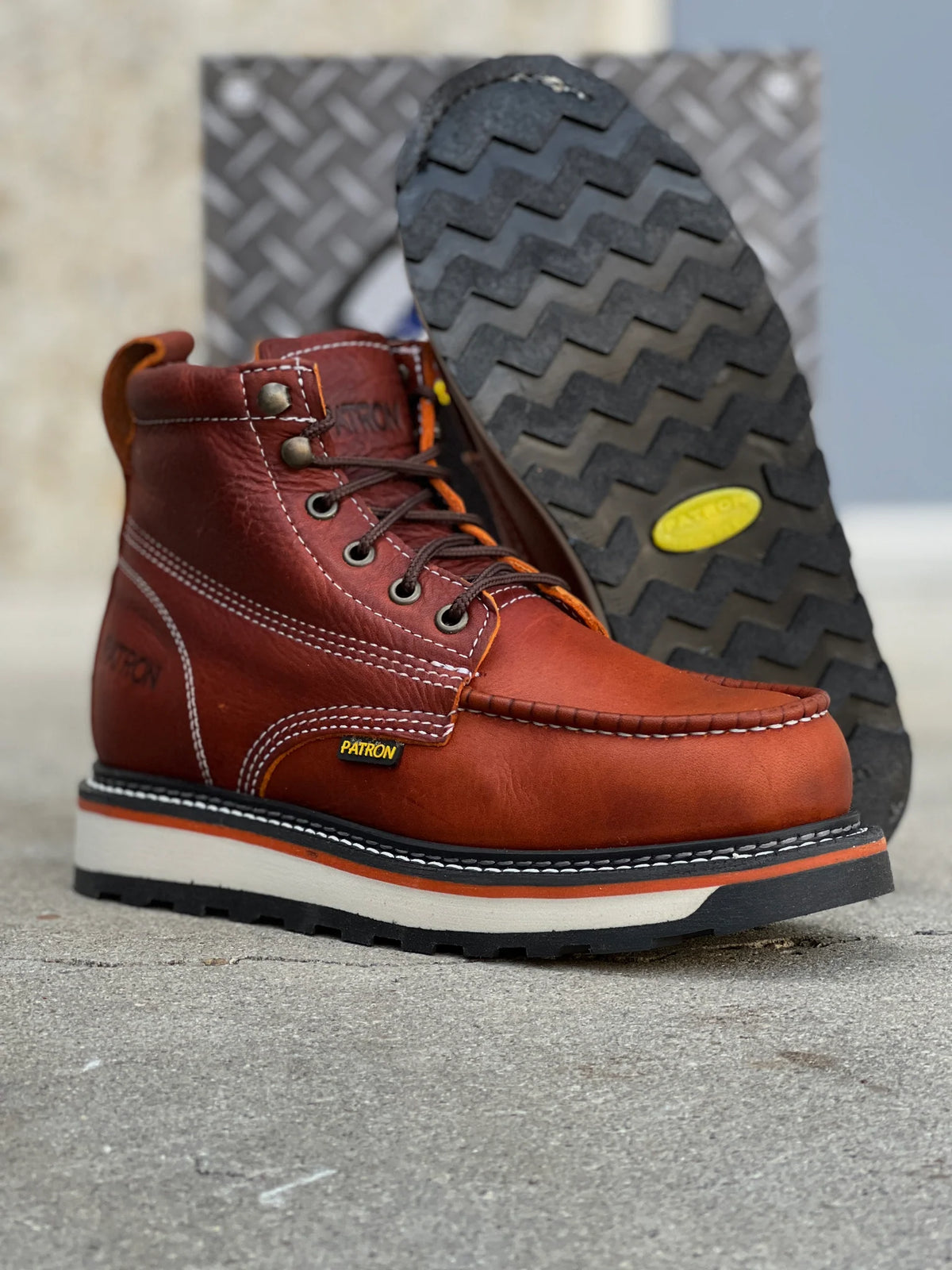Patron Men’s Lace-Up Work Boots, Leather with Wedge Sole, Moc Toe - Light Brown