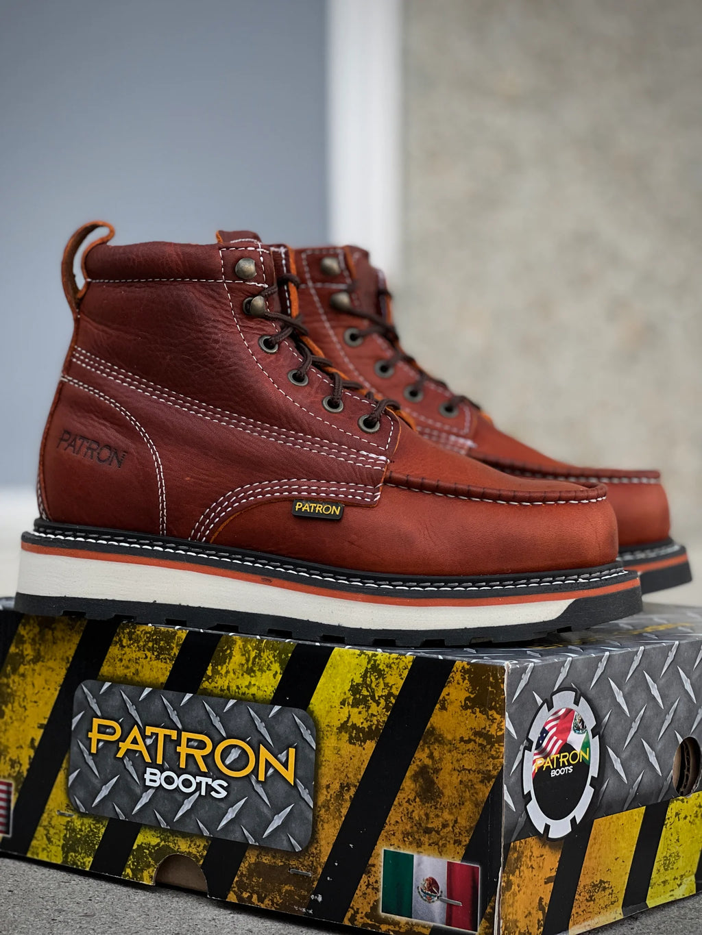 Patron Men’s Lace-Up Work Boots, Leather with Wedge Sole, Moc Toe - Light Brown