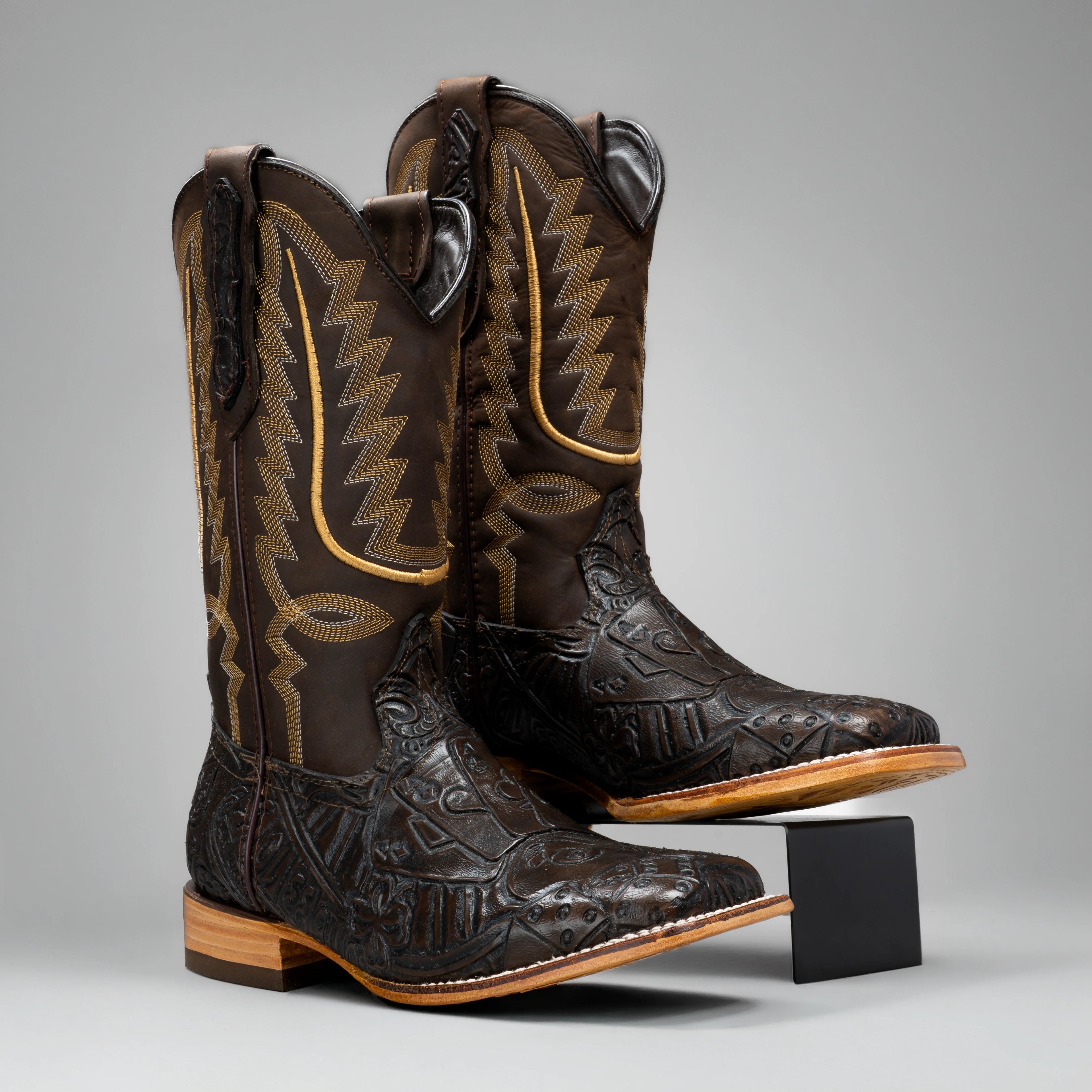 Joe Boots Men's The Gambler Hand Tooled Leather Square Toe Cowboy Boots – Brown