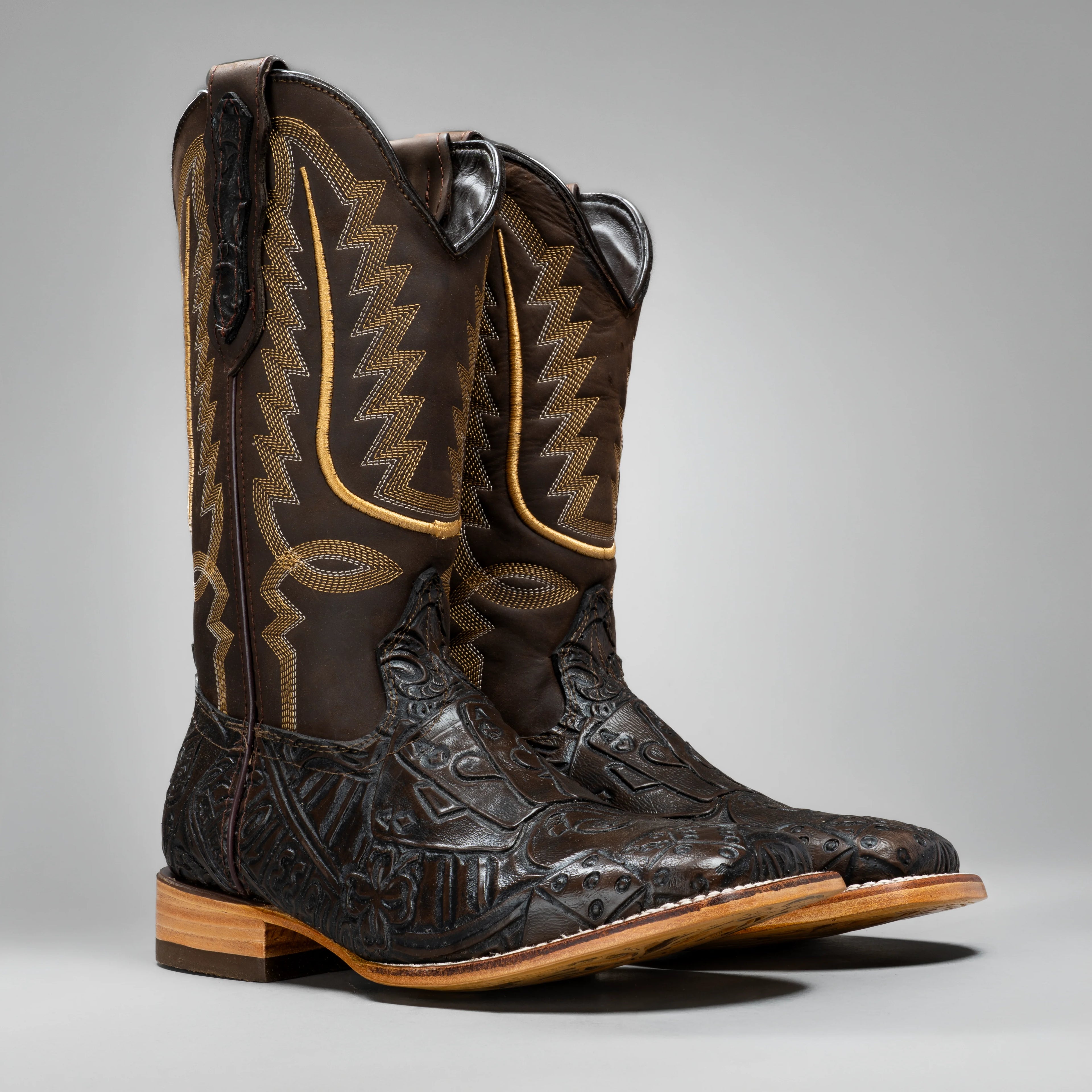 Joe Boots Men's The Gambler Hand Tooled Leather Square Toe Cowboy Boots – Brown
