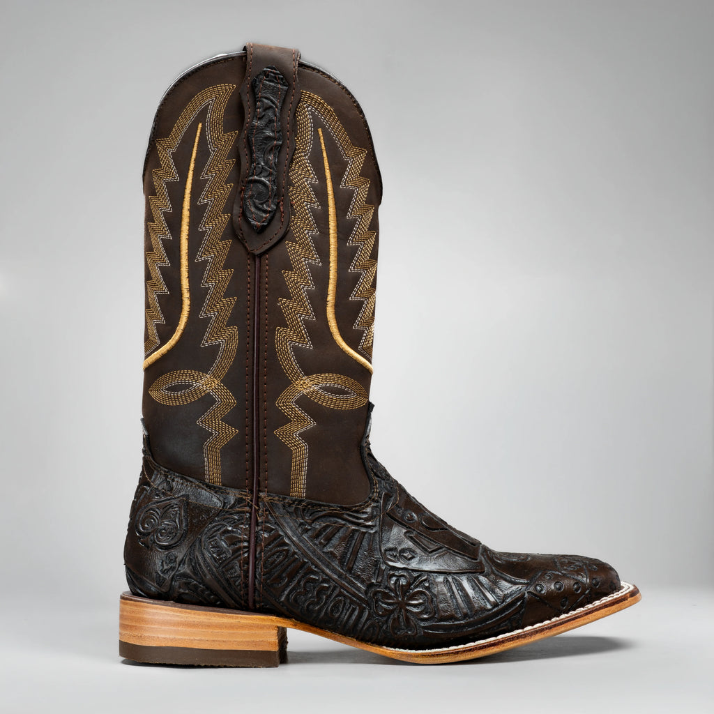 Joe Boots Men's The Gambler Hand Tooled Leather Square Toe Cowboy Boots – Brown