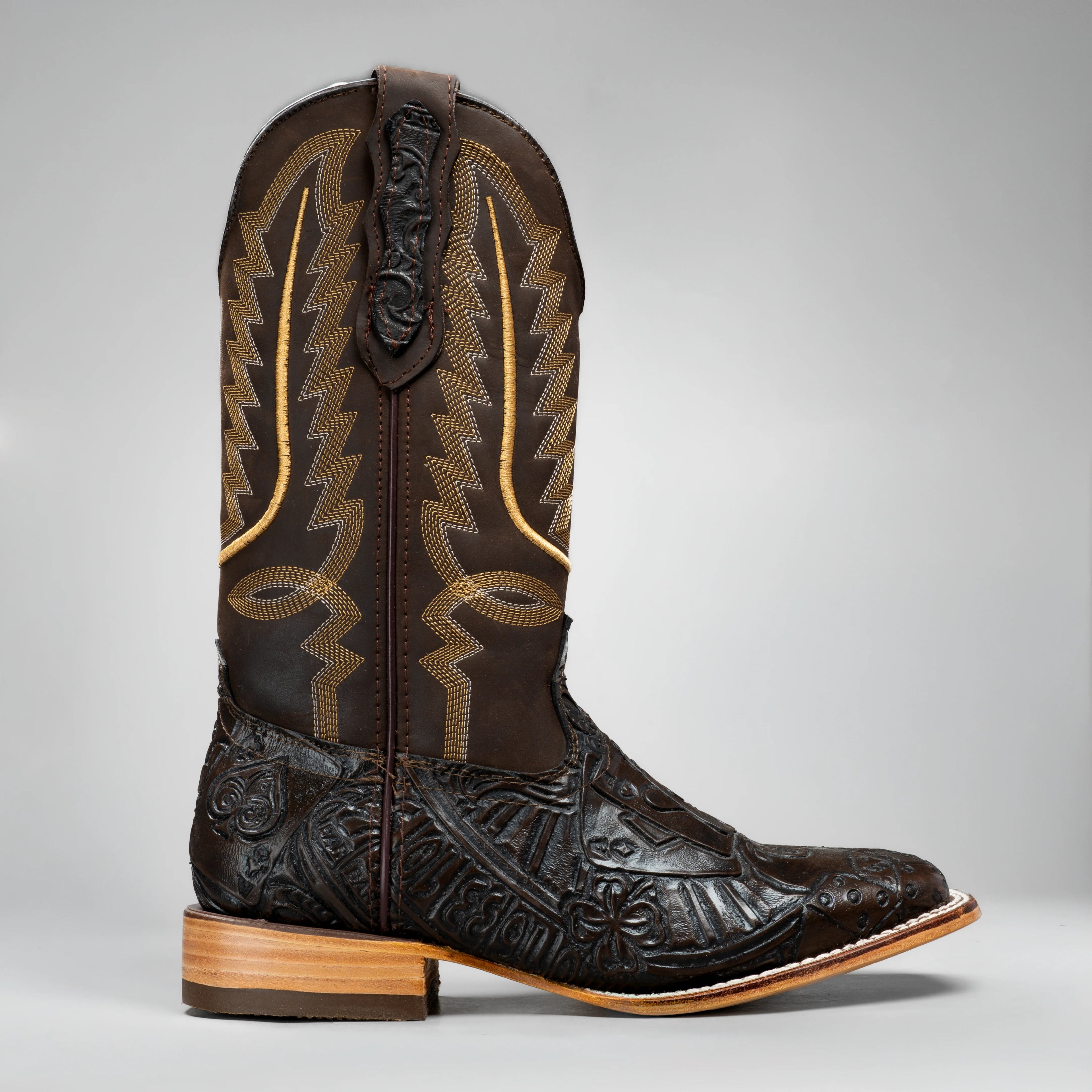 Joe Boots Men's The Gambler Hand Tooled Leather Square Toe Cowboy Boots – Brown