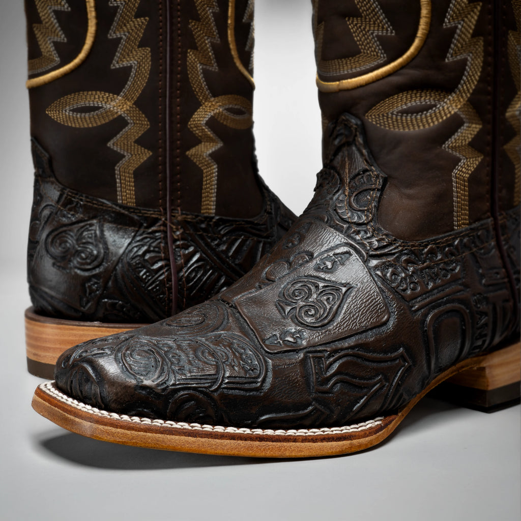 Joe Boots Men's The Gambler Hand Tooled Leather Square Toe Cowboy Boots – Brown