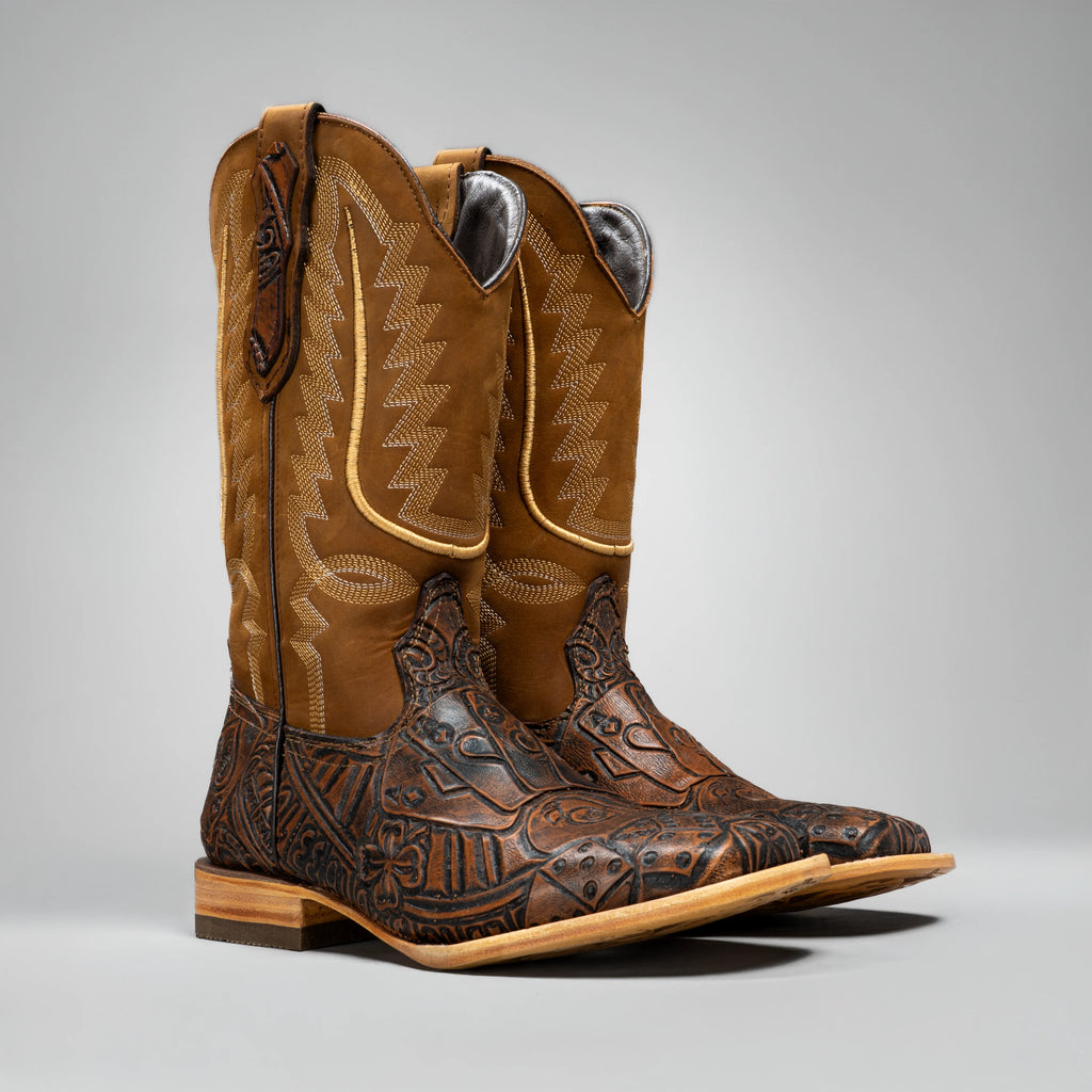 Joe Boots Men's The Gambler Handtooled Leather Square Toe Cowboy Boots – Tan