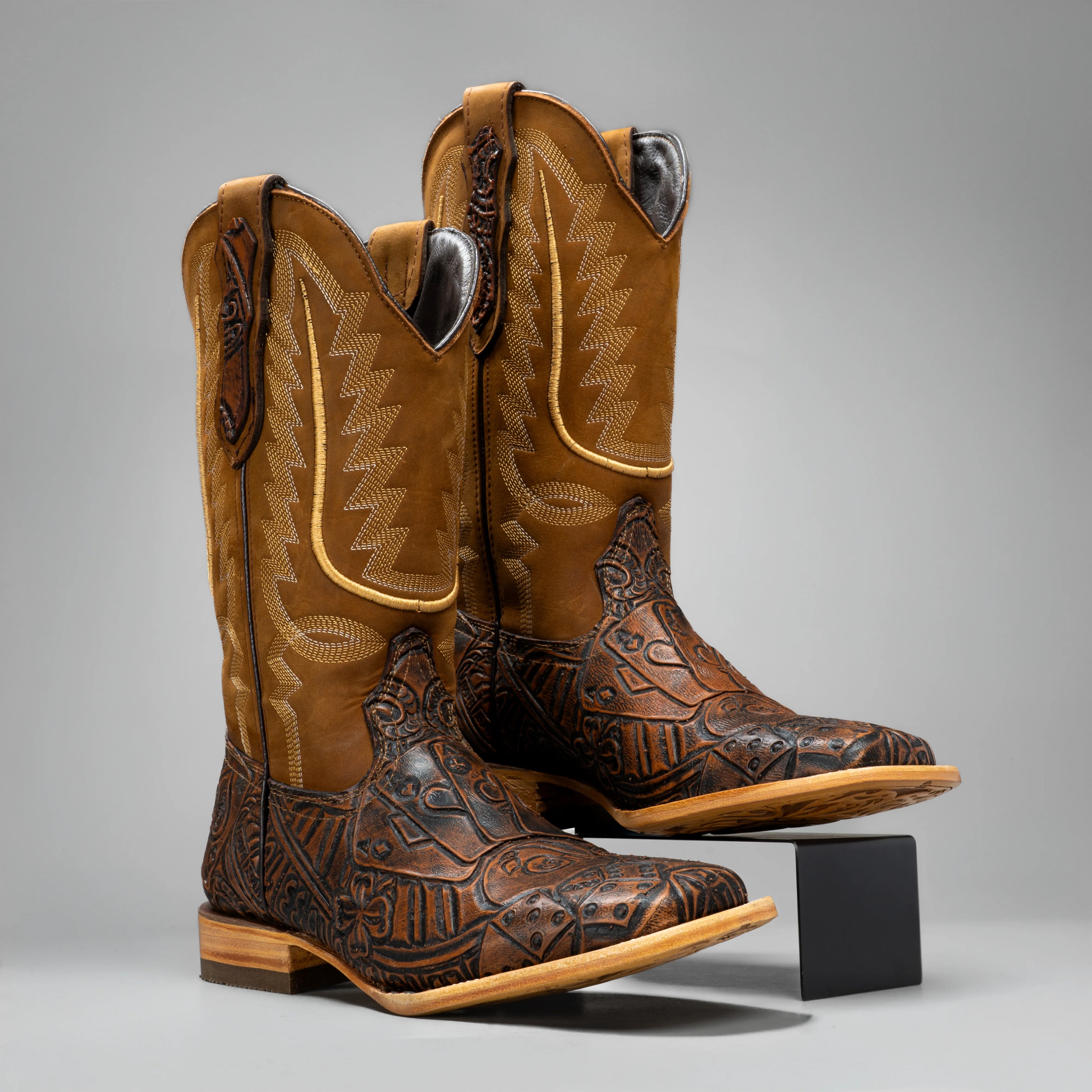 Joe Boots Men's The Gambler Handtooled Leather Square Toe Cowboy Boots – Tan
