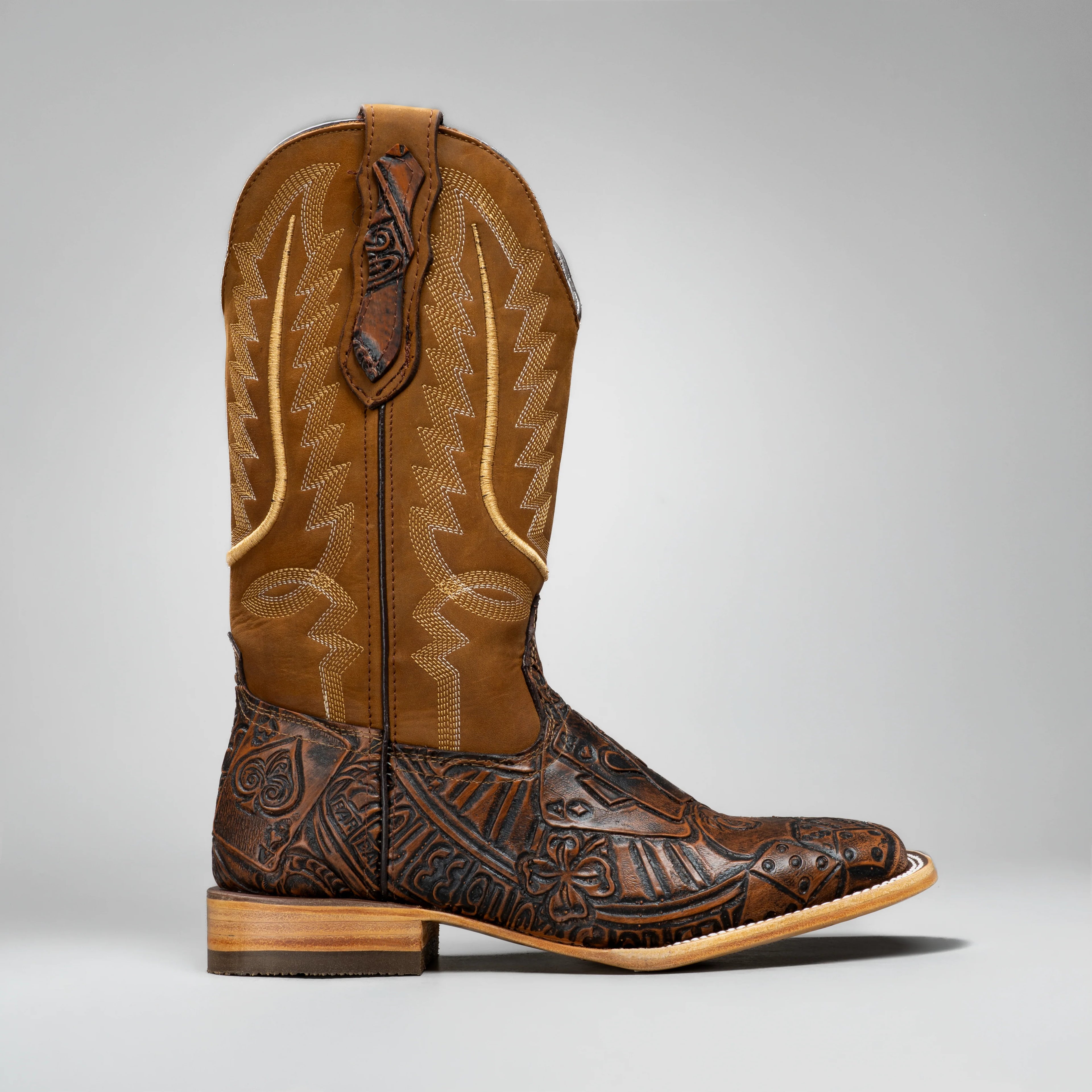 Joe Boots Men's The Gambler Handtooled Leather Square Toe Cowboy Boots – Tan