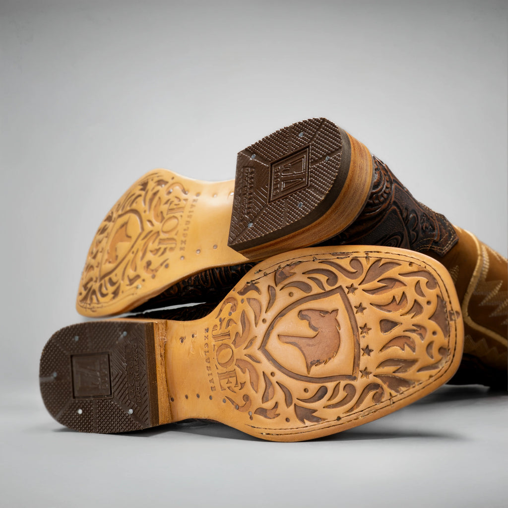Joe Boots Men's The Gambler Handtooled Leather Square Toe Cowboy Boots – Tan