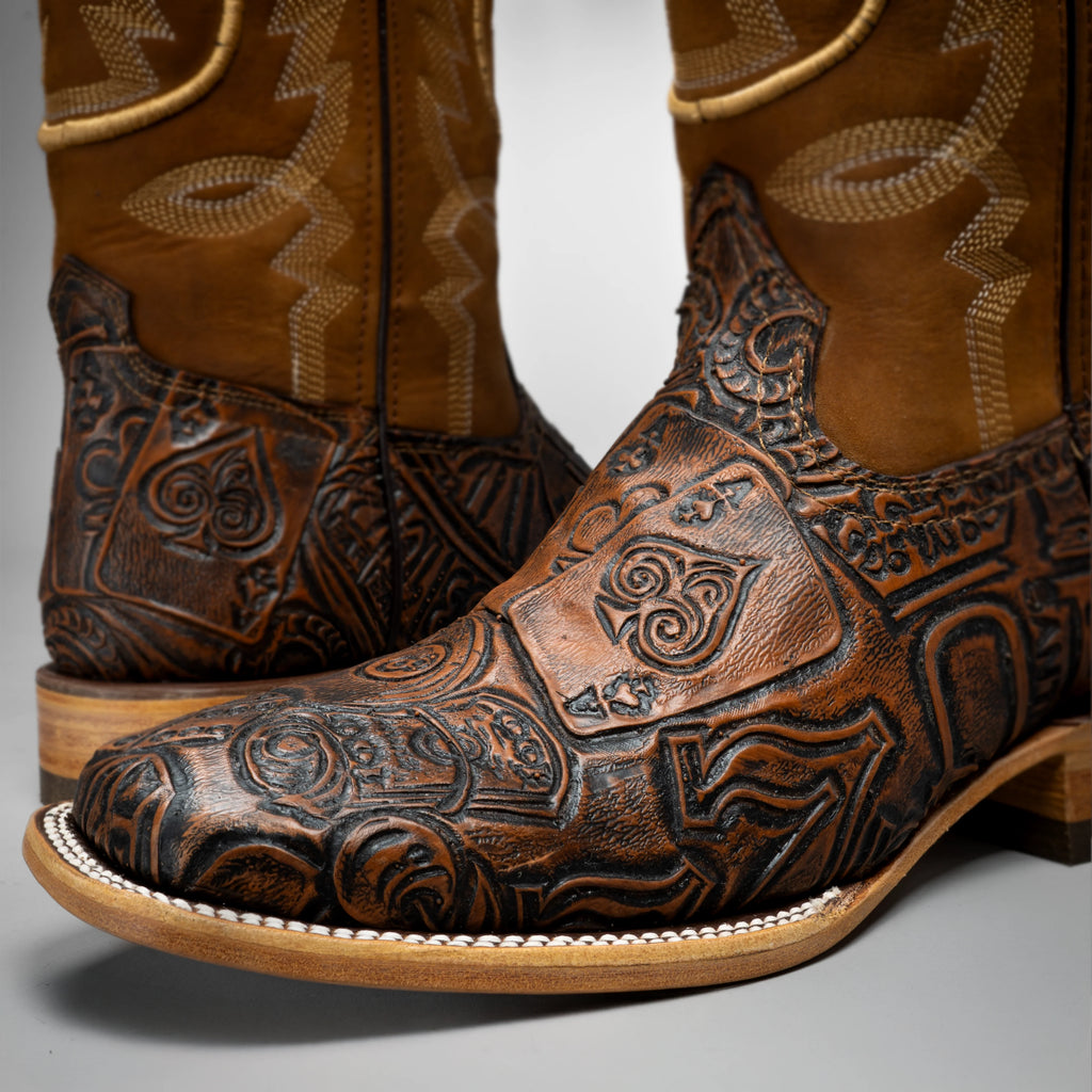 Joe Boots Men's The Gambler Handtooled Leather Square Toe Cowboy Boots – Tan