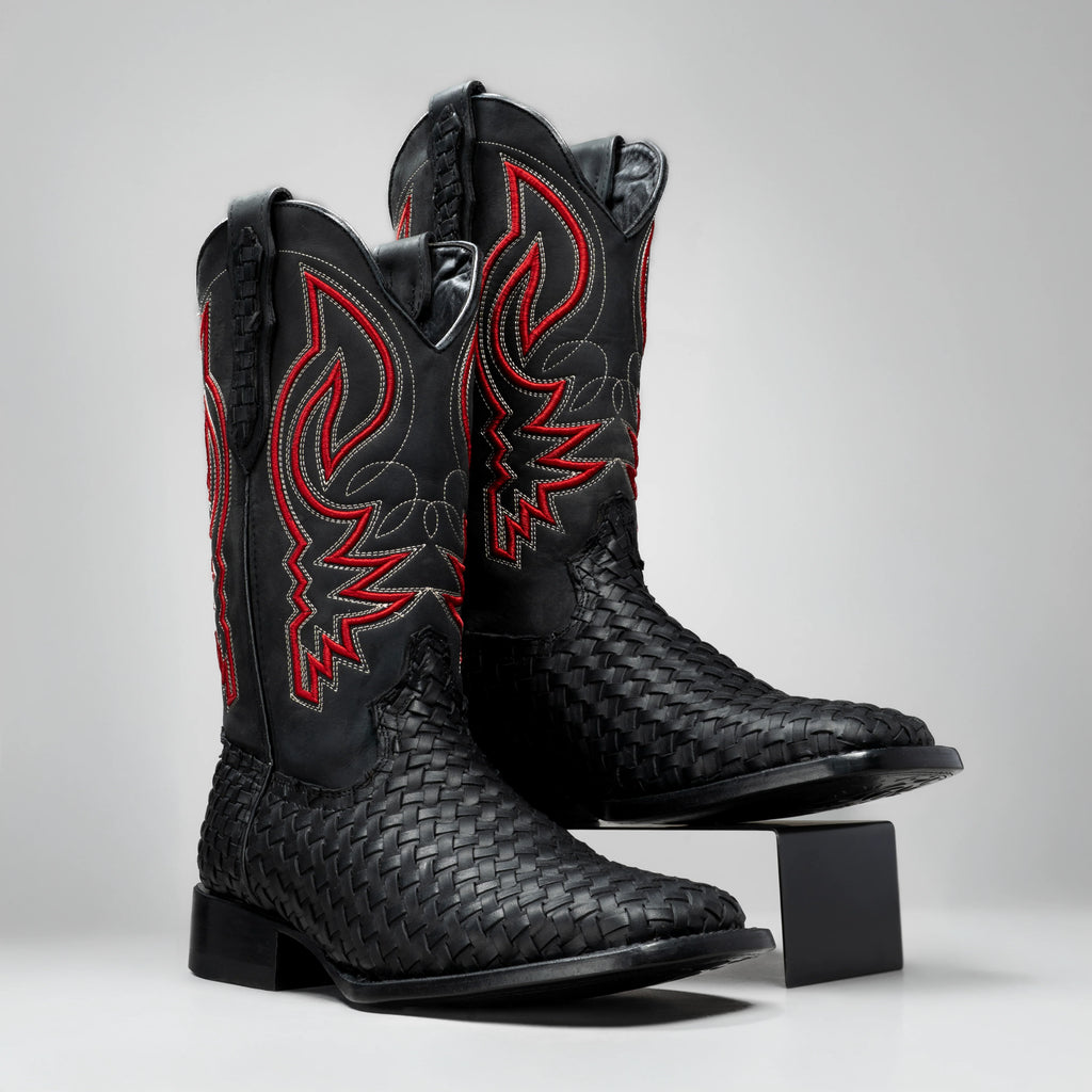 Joe Boots Men's Genuine Braided Leather Square Toe Cowboy Boots – Black