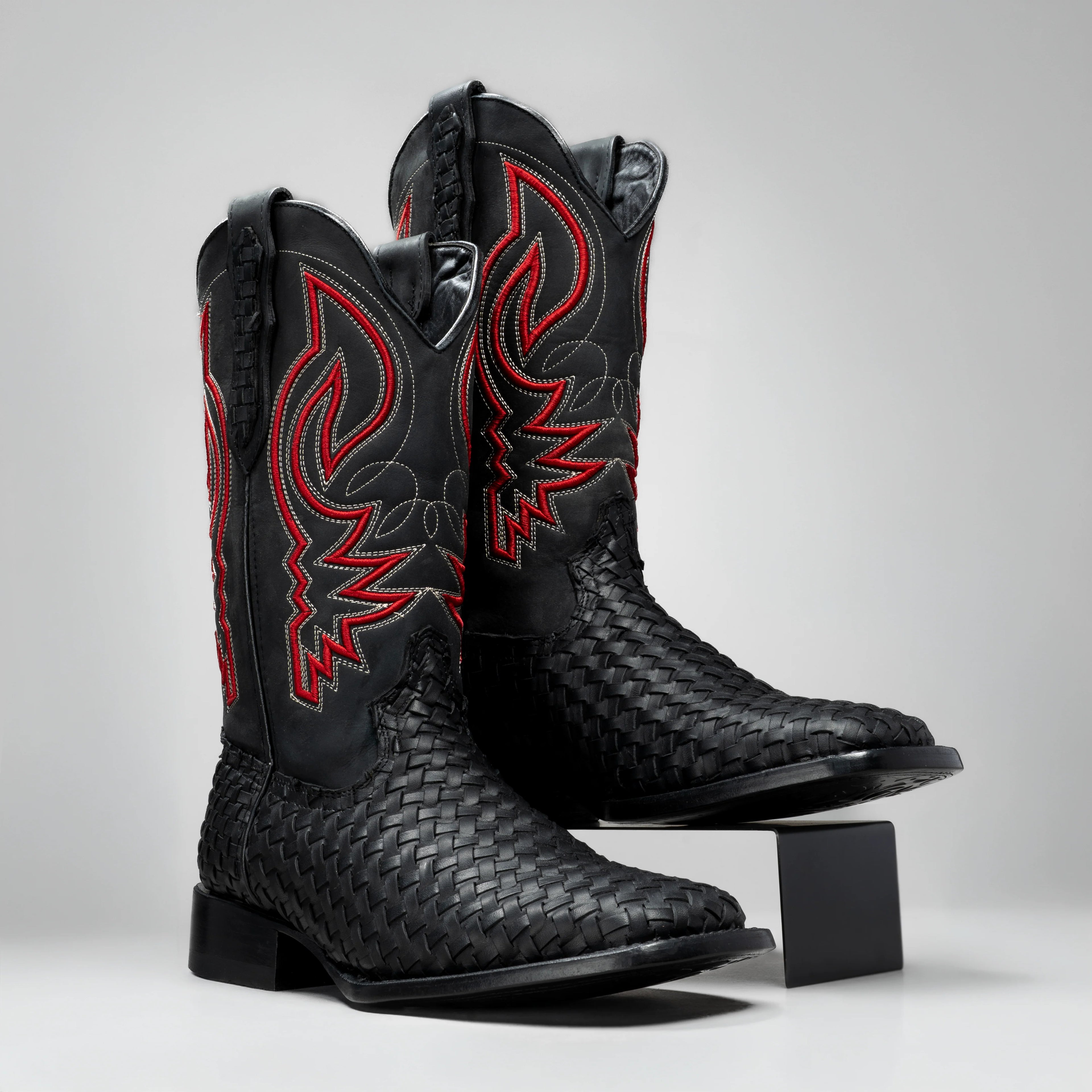 Joe Boots Men's Genuine Braided Leather Square Toe Cowboy Boots – Black