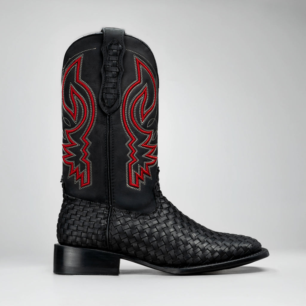 Joe Boots Men's Genuine Braided Leather Square Toe Cowboy Boots – Black