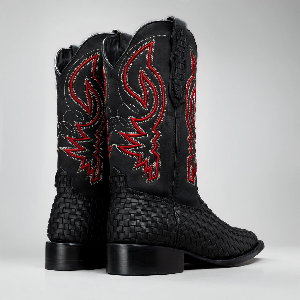 Joe Boots Men's Genuine Braided Leather Square Toe Cowboy Boots – Black