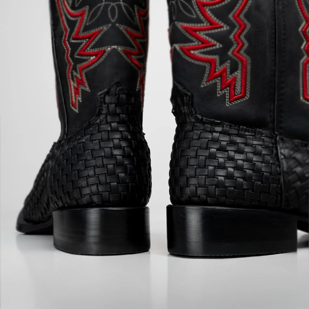 Joe Boots Men's Genuine Braided Leather Square Toe Cowboy Boots – Black