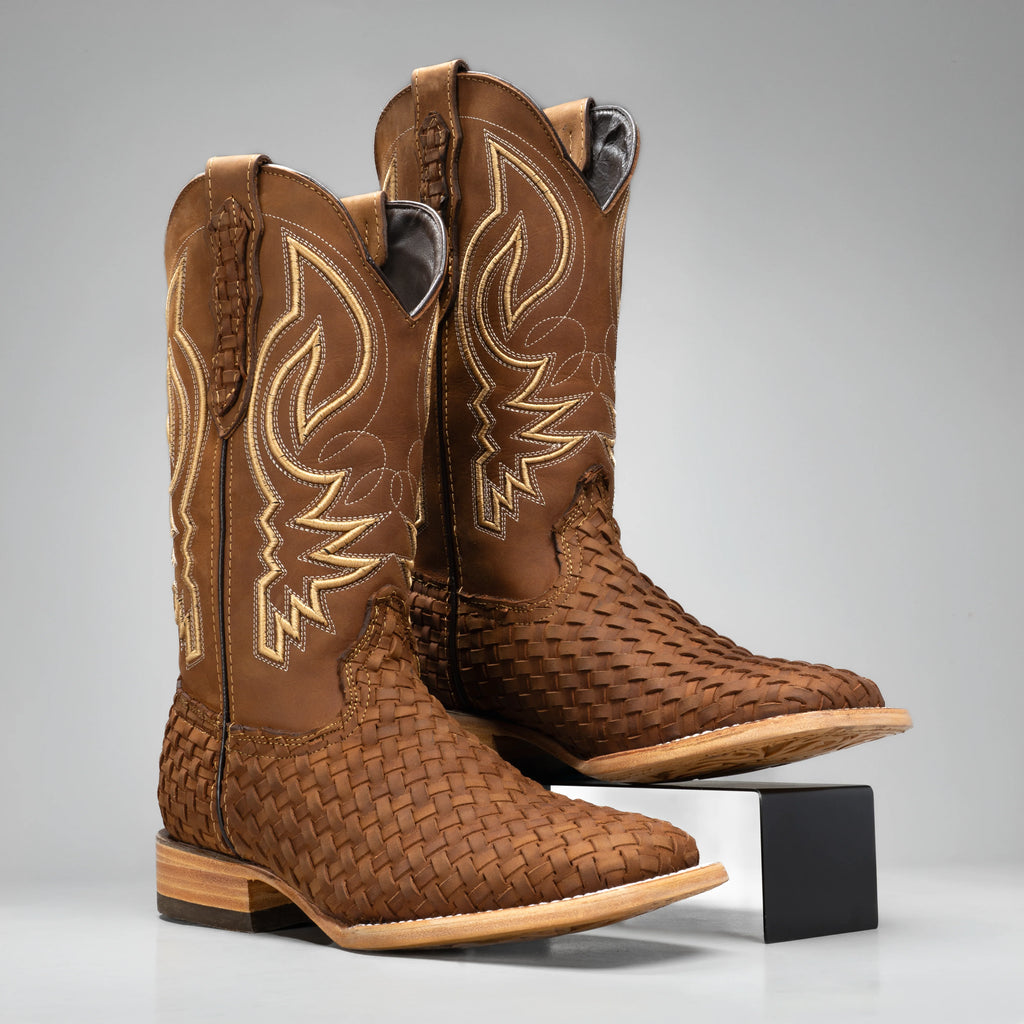 Joe Boots Men's Genuine Braided Leather Square Toe Cowboy Boots – Tan