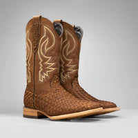 Joe Boots Men's Genuine Braided Leather Square Toe Cowboy Boots – Tan